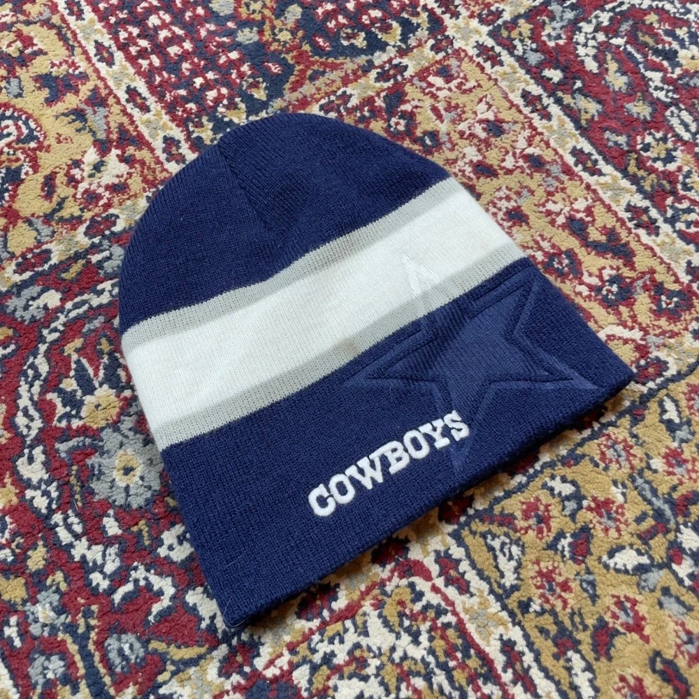 VTG 00s Dallas Cowboys Knit Striped Logo‎ Beanie Hat NFL Navy Blue White Gray